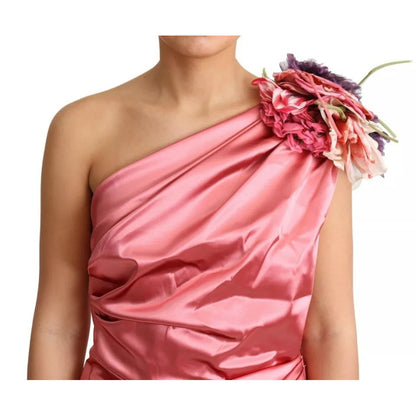 Dolce & Gabbana Pink Draped Midi Flower Applique Dress