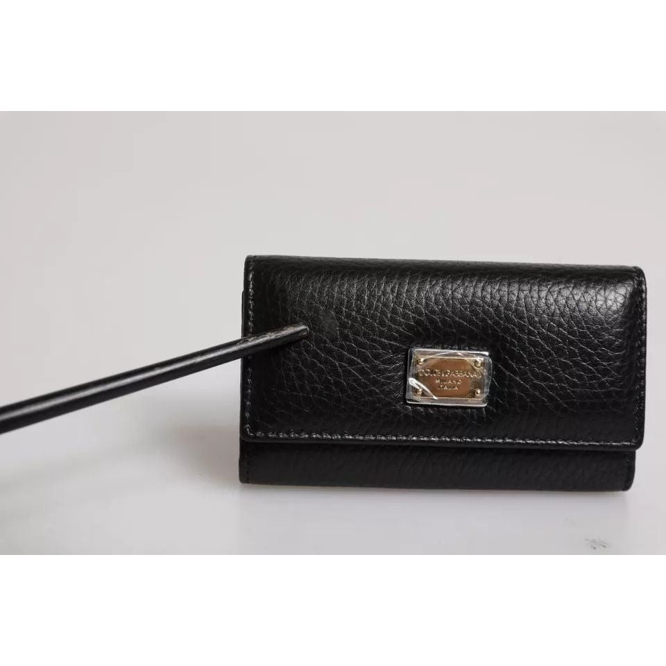 Dolce & Gabbana Black Leather Gold Metal Logo Plaque Trifold Keyring