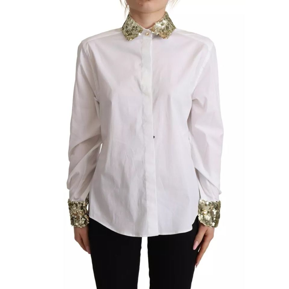 Dolce & Gabbana White Cotton Collared Long Sleeves Sequin Top Shirt