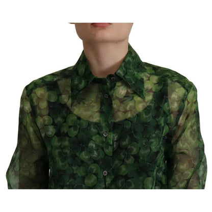 Dolce & Gabbana Green Clover Print Long Sleeves Collared Top Blouse