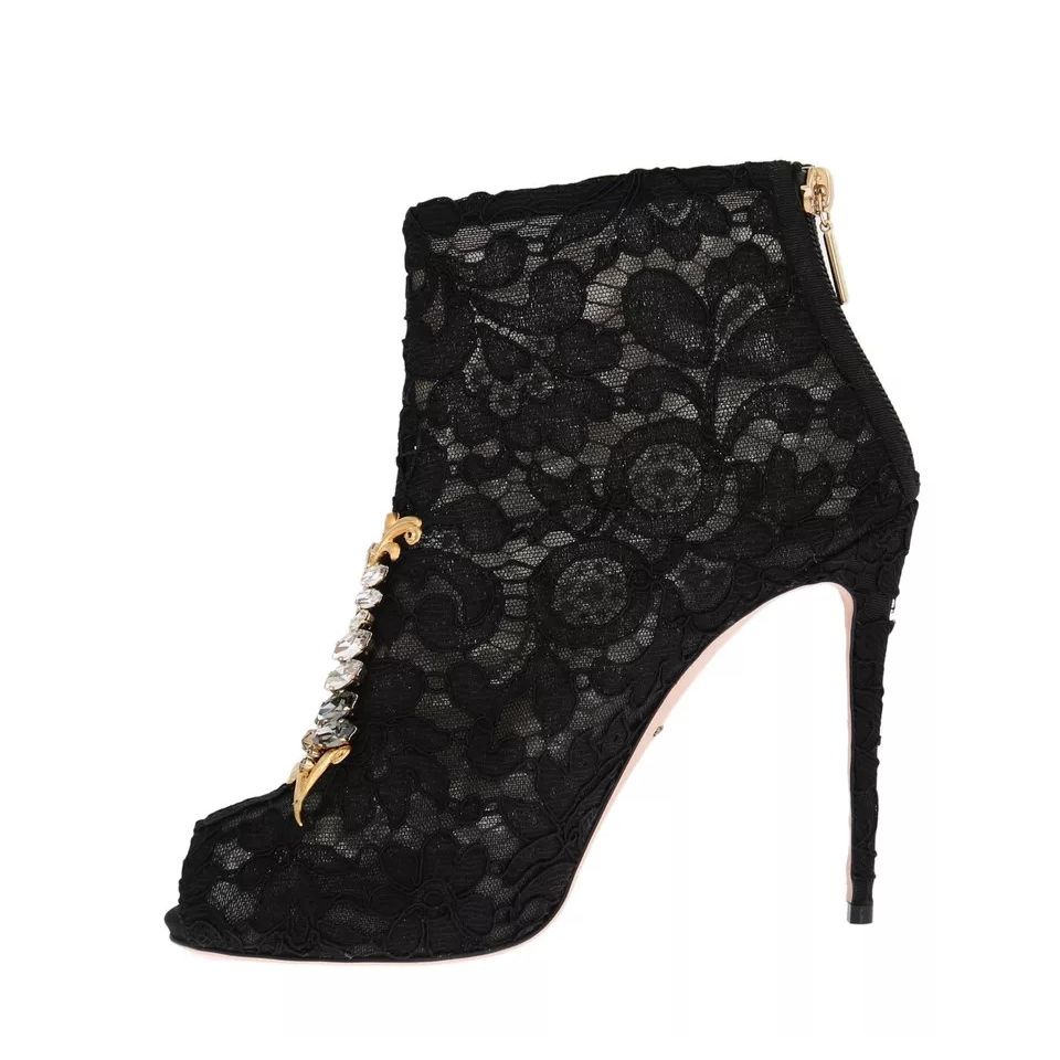 Dolce & Gabbana Black Crystal Lace Booties Stilettos Shoes