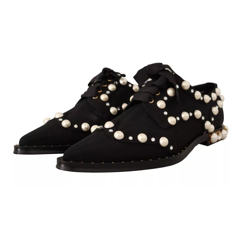 Dolce & Gabbana Black Lace Up Jewelled Formal Flats Shoes