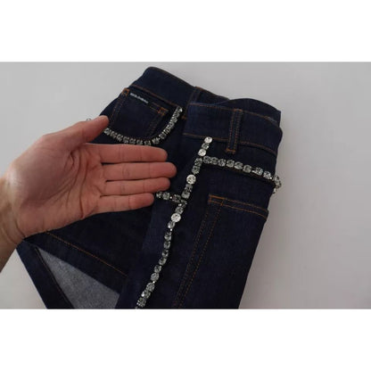 Dolce & Gabbana Blue Denim Stretch Crystal Hot Pants Shorts