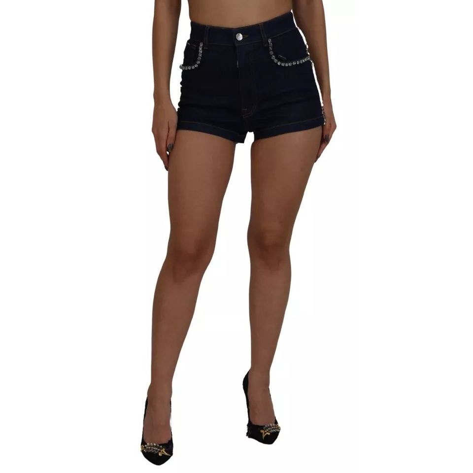 Dolce & Gabbana Blue Denim Stretch Crystal Hot Pants Shorts