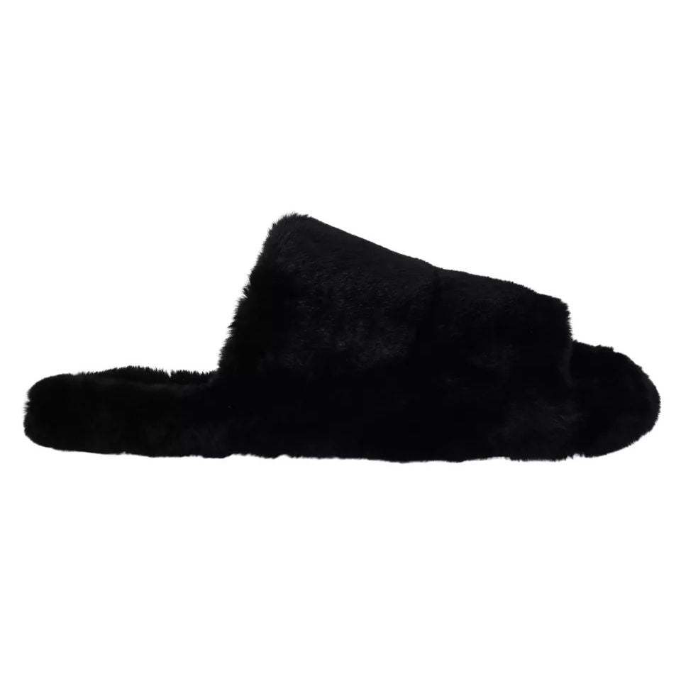 Dolce & Gabbana Black Polyester Faux Fur Mens Flats Sandals Shoes