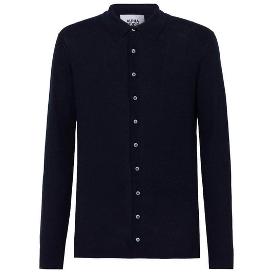 Alpha Studio dark blue cotton shirt with long sleeves and button closure.