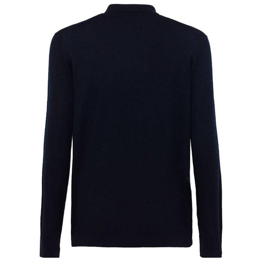 Back view of Alpha Studio dark blue cotton shirt with long sleeves and button closure.