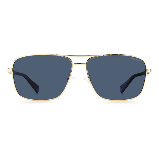 Front view of Polaroid Gold Metal Sunglasses with blue polarized lenses, rectangular shape, and UV protection. Model PLD2119GSJ5GC.