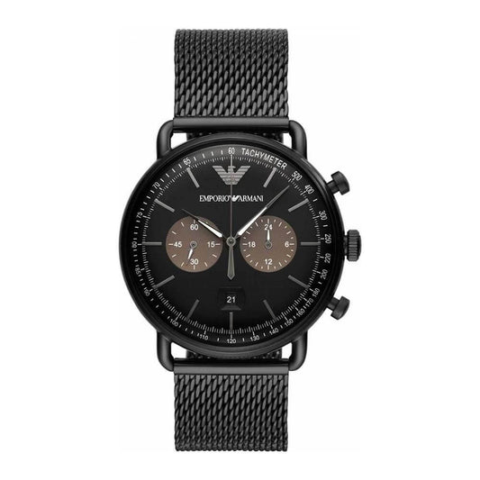 Armani Black Steel Watch with quartz mechanism, stainless steel case and bracelet, black analog dial, and mineral glass.