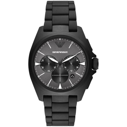 Armani black stainless steel watch with quartz mechanism, analog display, grey dial, and chronograph function. Water resistant 5 ATM.