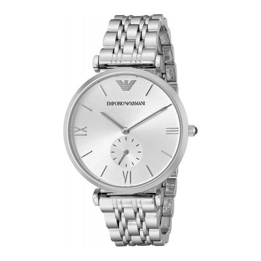 Armani silver steel analog quartz watch with stainless steel case, silver dial, mineral glass, and pressure closure.