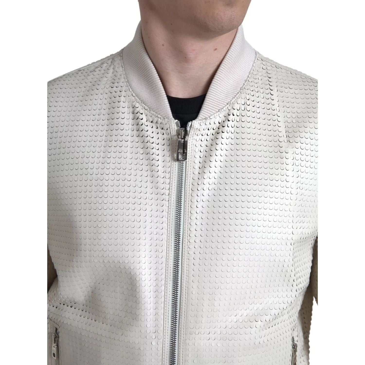 Dolce & Gabbana Off White LeatherPerforated Full Zip Jacket