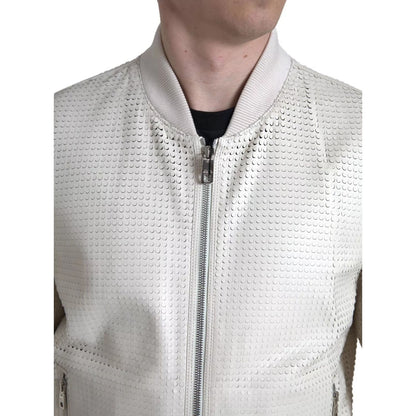 Dolce & Gabbana Off White LeatherPerforated Full Zip Jacket