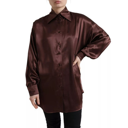 Dolce & Gabbana Brown Silk Collared Long Sleeves Top Blouse