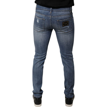 Dolce & Gabbana Blue Tattered Cotton Stretch Skinny Denim Jeans