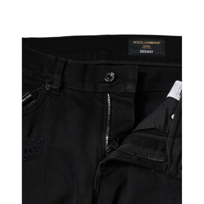 Dolce & Gabbana Black Cotton Tattered Skinny Denim Logo Jeans