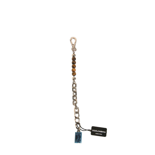 Dolce & Gabbana Silver Brass Chain Beaded Logo Plaque Keychain Keyring