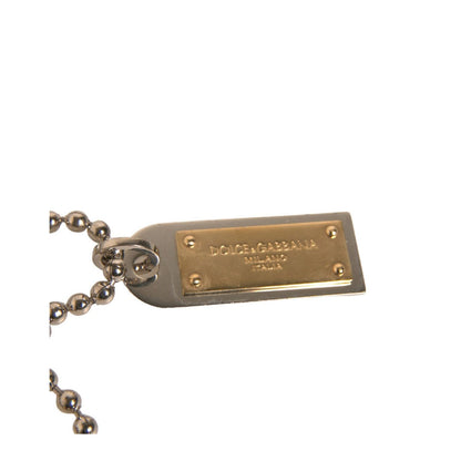 Dolce & Gabbana Silver Brass Chain Beaded Logo Plaque Keychain Keyring