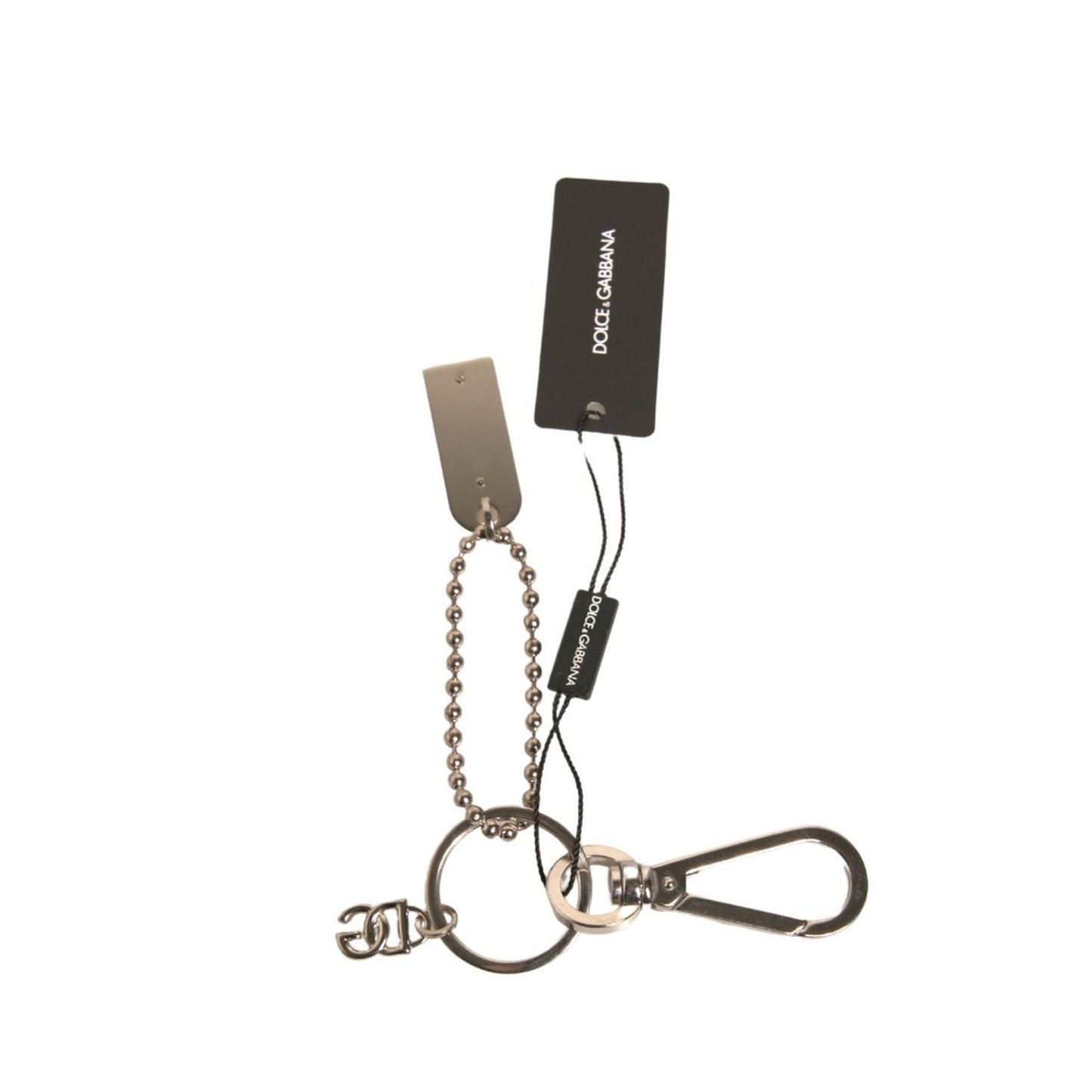 Dolce & Gabbana Silver Brass Chain Beaded Logo Plaque Keychain Keyring