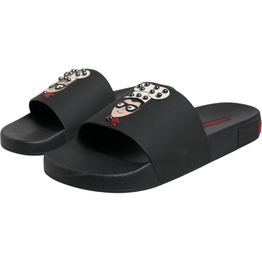 Dolce & Gabbana Black Leather Slides Sandals Beachwear Shoes MV6750-41