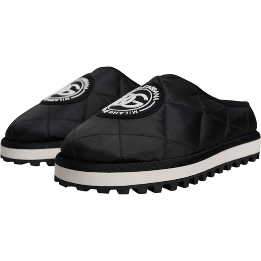 Dolce & Gabbana Black Nylon Quilted Logo Patch Sandals Slides Shoes MV6777-44