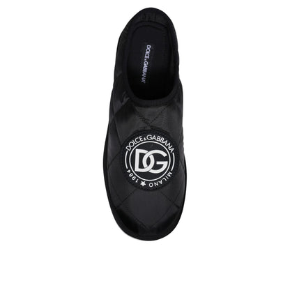 Dolce & Gabbana Black Nylon Quilted Logo Patch Sandals Slides Shoes