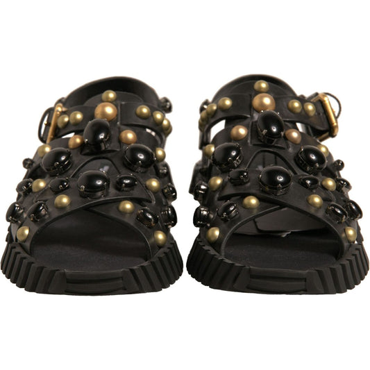 Dolce & Gabbana Black Leather Studded Slides Sandals Shoes MV7033-41