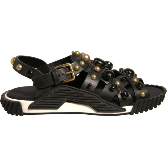 Dolce & Gabbana Black Leather Studded Slides Sandals Shoes MV7033-41