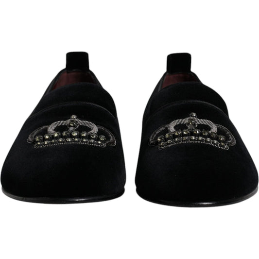 Dolce & Gabbana Black Velvet Crystal Crown Loafers Formal Dress Shoes MV6778#2-39
