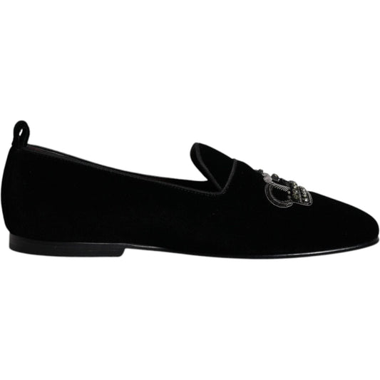 Dolce & Gabbana Black Velvet Crystal Crown Loafers Formal Dress Shoes MV6778#2-39