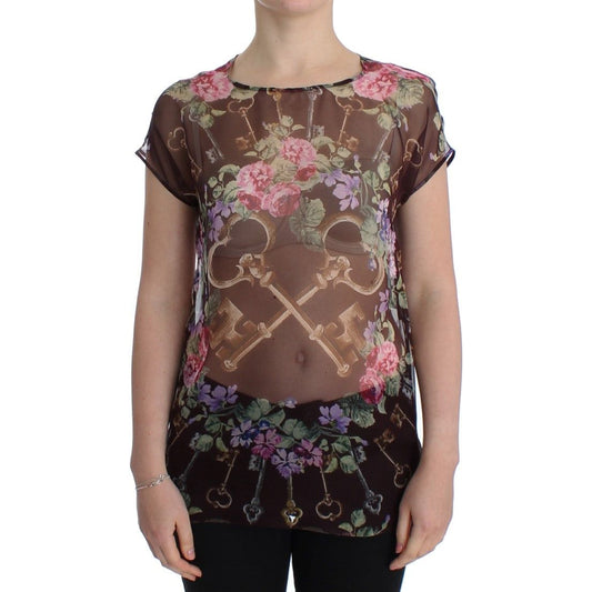 Dolce & Gabbana Black Key Floral Print Silk Blouse T-shirt SIG13203-2