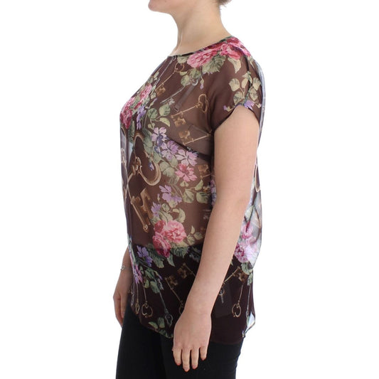 Dolce & Gabbana Black Key Floral Print Silk Blouse T-shirt SIG13203-2