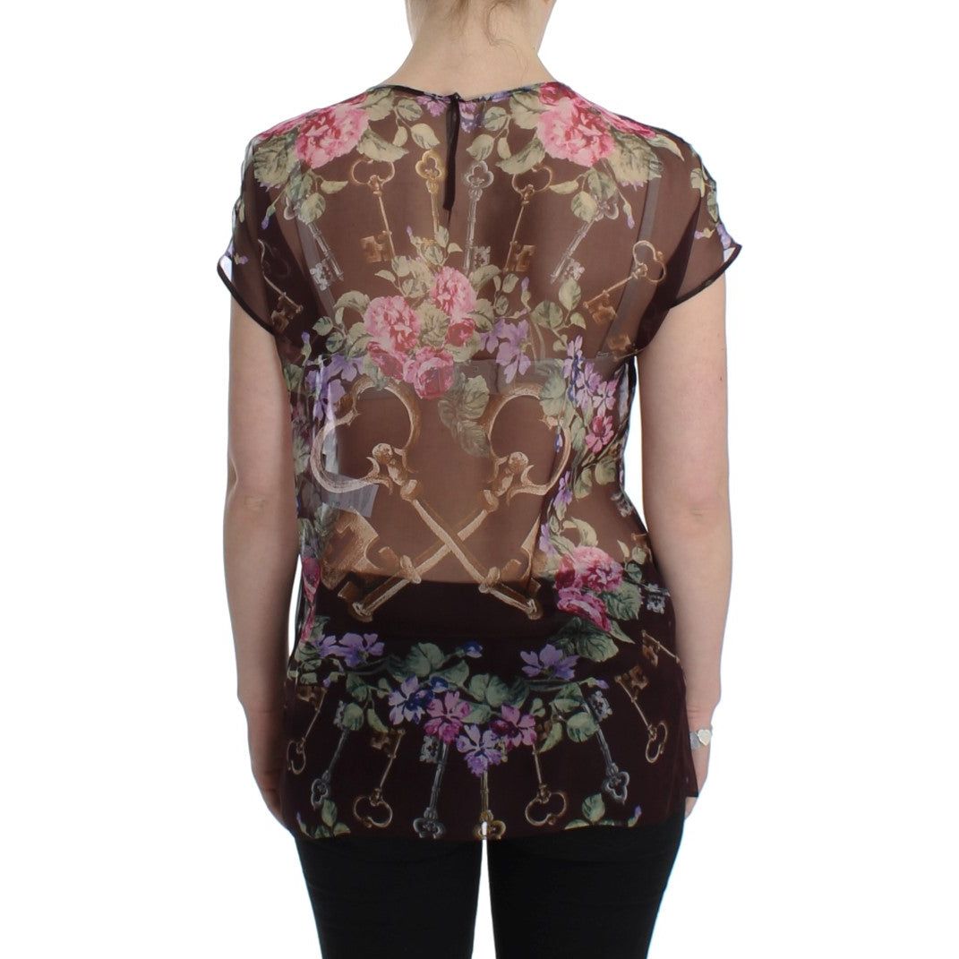 Dolce & Gabbana Black Key Floral Print Silk Blouse T-shirt SIG13203-2