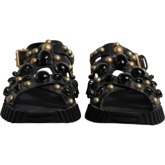 Dolce & Gabbana Black Leather Studded Slides Sandals Shoes MV6803#2-39