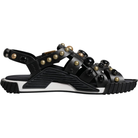 Dolce & Gabbana Black Leather Studded Slides Sandals Shoes MV6803#2-39