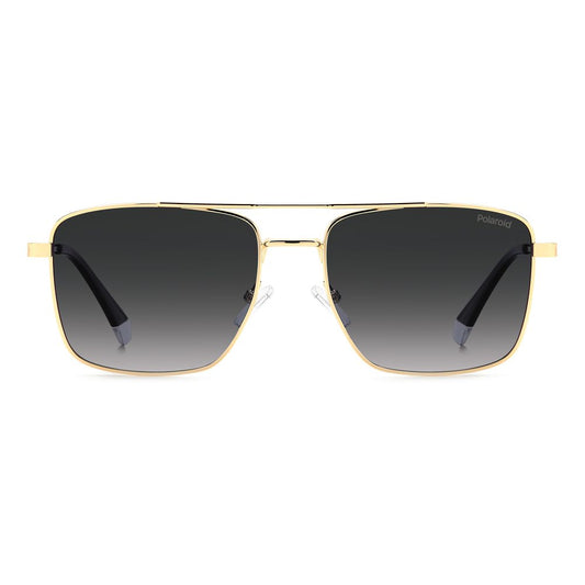 Polaroid gold metal sunglasses with polarized gray lenses and double bridge, featuring square geometric frame and distinctive elements.