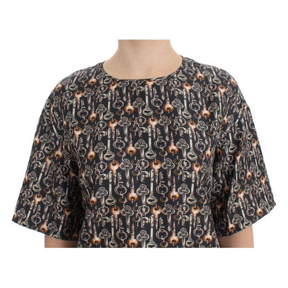 Dolce & Gabbana Gray Gold Key Print Silk Blouse T-shirt