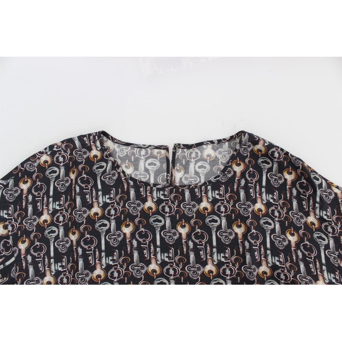 Dolce & Gabbana Gray Gold Key Print Silk Blouse T-shirt