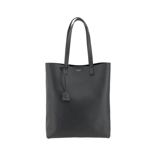 Saint Laurent hammered leather tote bag with top handles and monogram, showcasing sleek and elegant design.