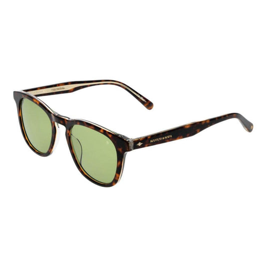 Scotch & Soda brown men's sunglasses with metal frame, green lenses, and full-rim round design. 100% UVA & UVB protection.