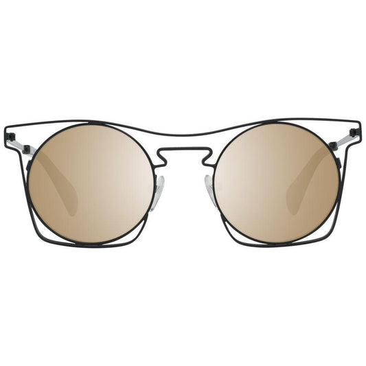 Yohji Yamamoto black round sunglasses with mirrored grey lenses, metal frame, and full-rim style, offering 100% UVA & UVB protection.