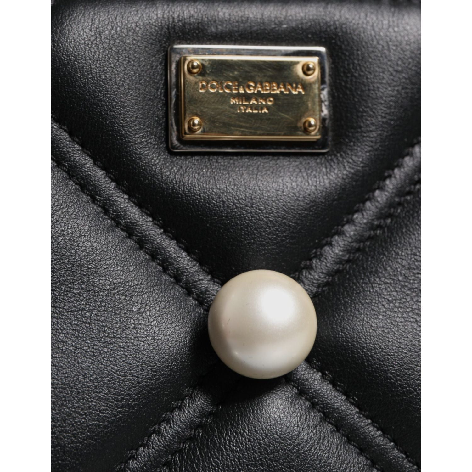 Dolce & Gabbana Black Leather Pearl Embellished Logo Shoulder Bag