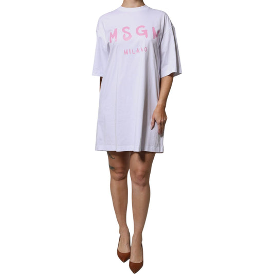MSGM White Logo Print Cotton T-shirt Short Sleeves Mini Dress DR281356-40