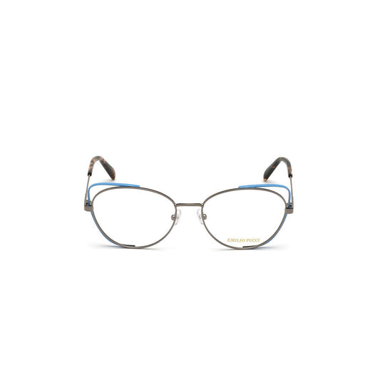 Emilio Pucci Gray Metal Frames with cat-eye shape and grey color, model EP5141-54008, measures 54/17/140 mm for women.