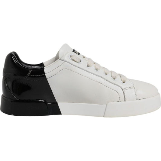 Dolce & Gabbana Portofino white black leather men's sneaker, lace-up with logo, rubber sole, side view