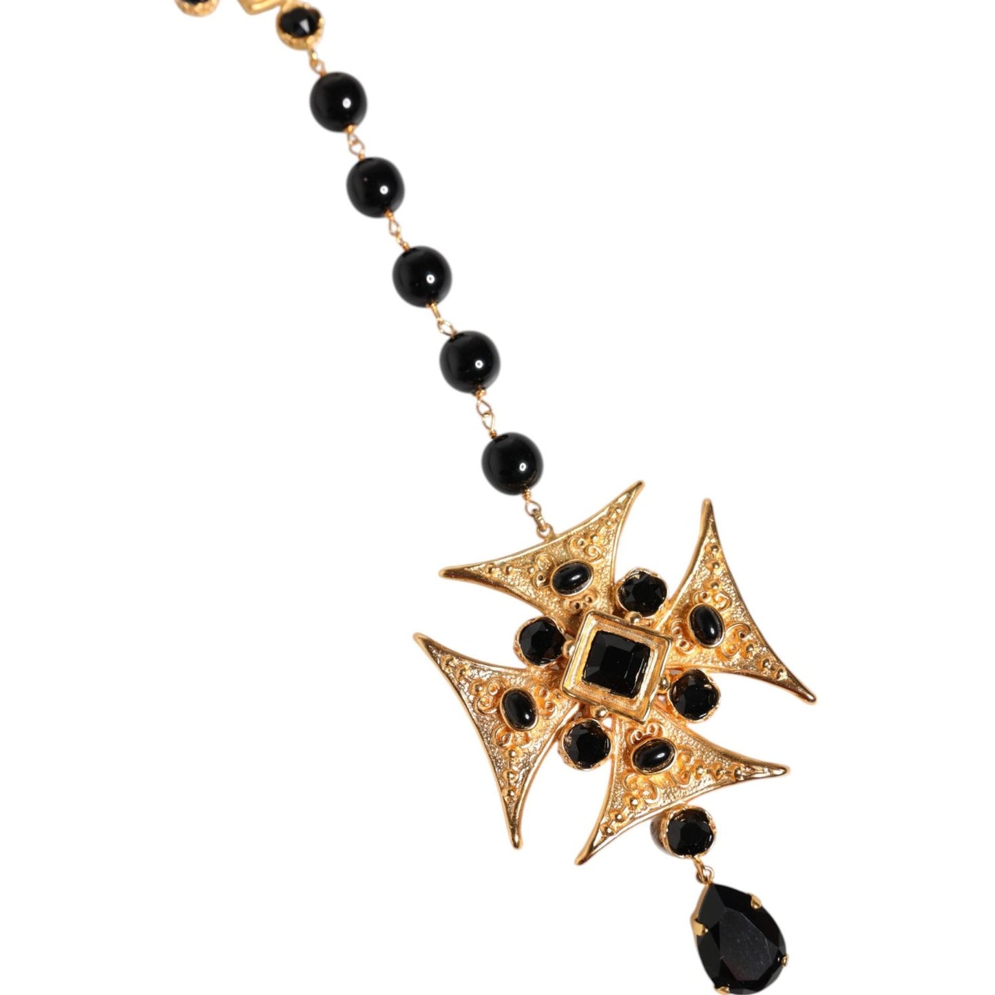 Dolce & Gabbana Gold Tone Brass Cross Black Beaded Chain Rosary Necklace