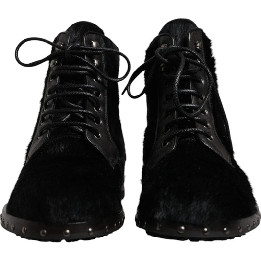 Dolce & Gabbana Black Pony Style Leather Mid Calf Boots Shoes MV7174-42