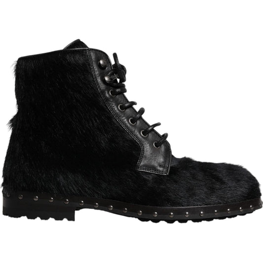 Dolce & Gabbana Black Pony Style Leather Mid Calf Boots Shoes MV7174-42