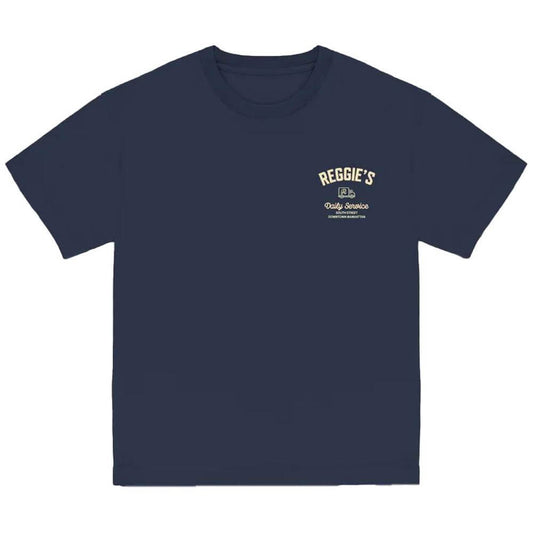 Refrigiwear blue cotton crewneck t-shirt with Reggie's Daily Service graphic print on front, versatile casual wear.
