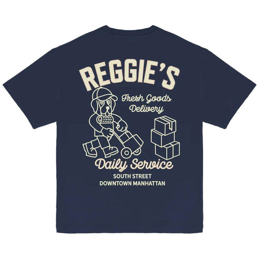 Refrigiwear blue cotton crewneck t-shirt with graphic print of delivery theme on back, featuring "Reggie's Fresh Goods" text.